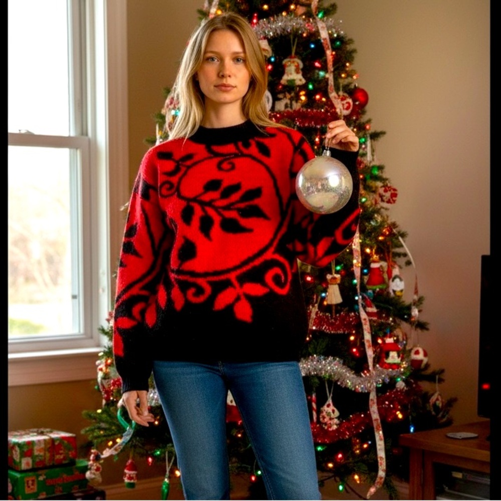 Red and Black Floral vintage Christmas Women's Sweater